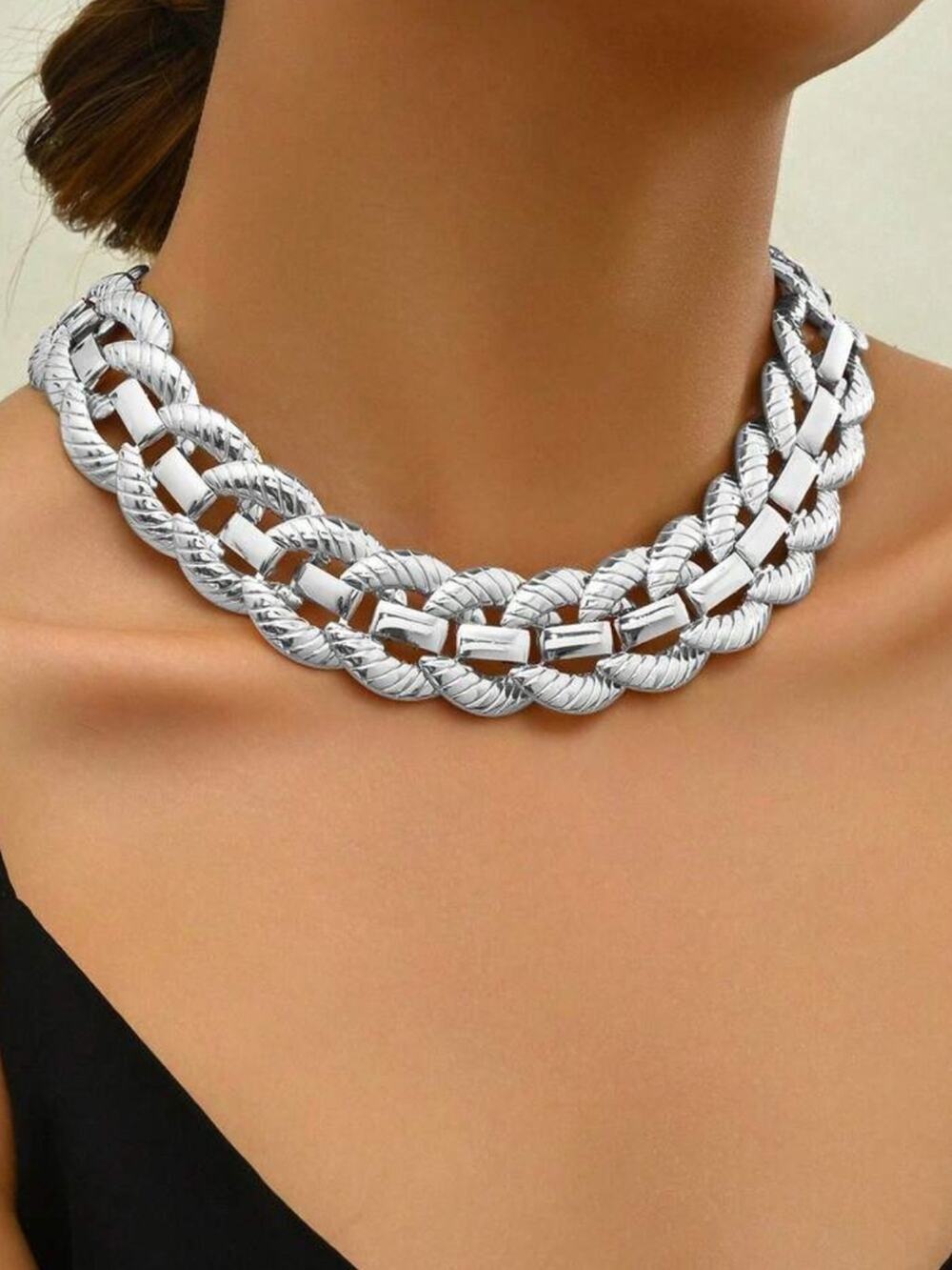 Stainless Steel Silver Statement Necklace Chunky Woven